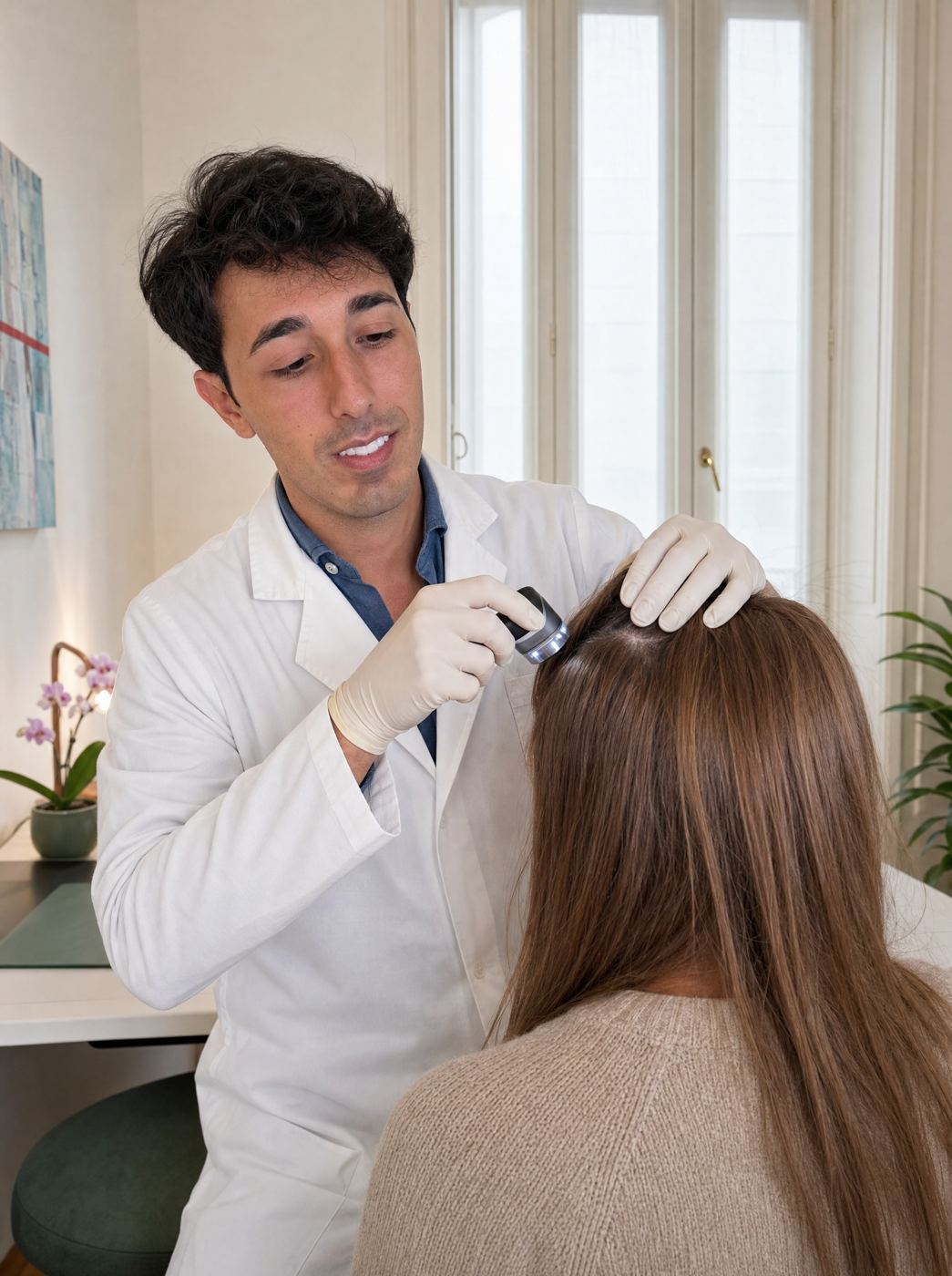 Il Dott. Stabile esamina il cuoio capelluto di una paziente con il dermatoscopio